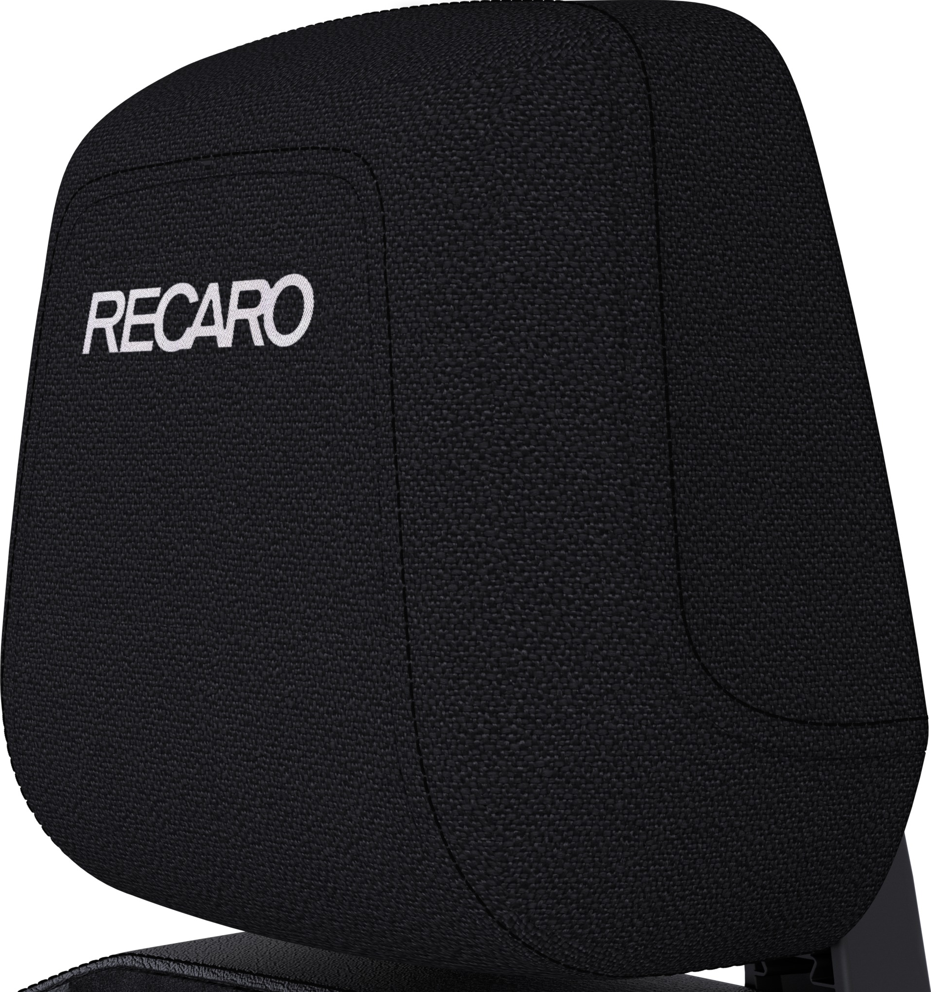 Primo piano del poggiatesta Recaro, tessuto nero, logo bianco, su sfondo bianco.