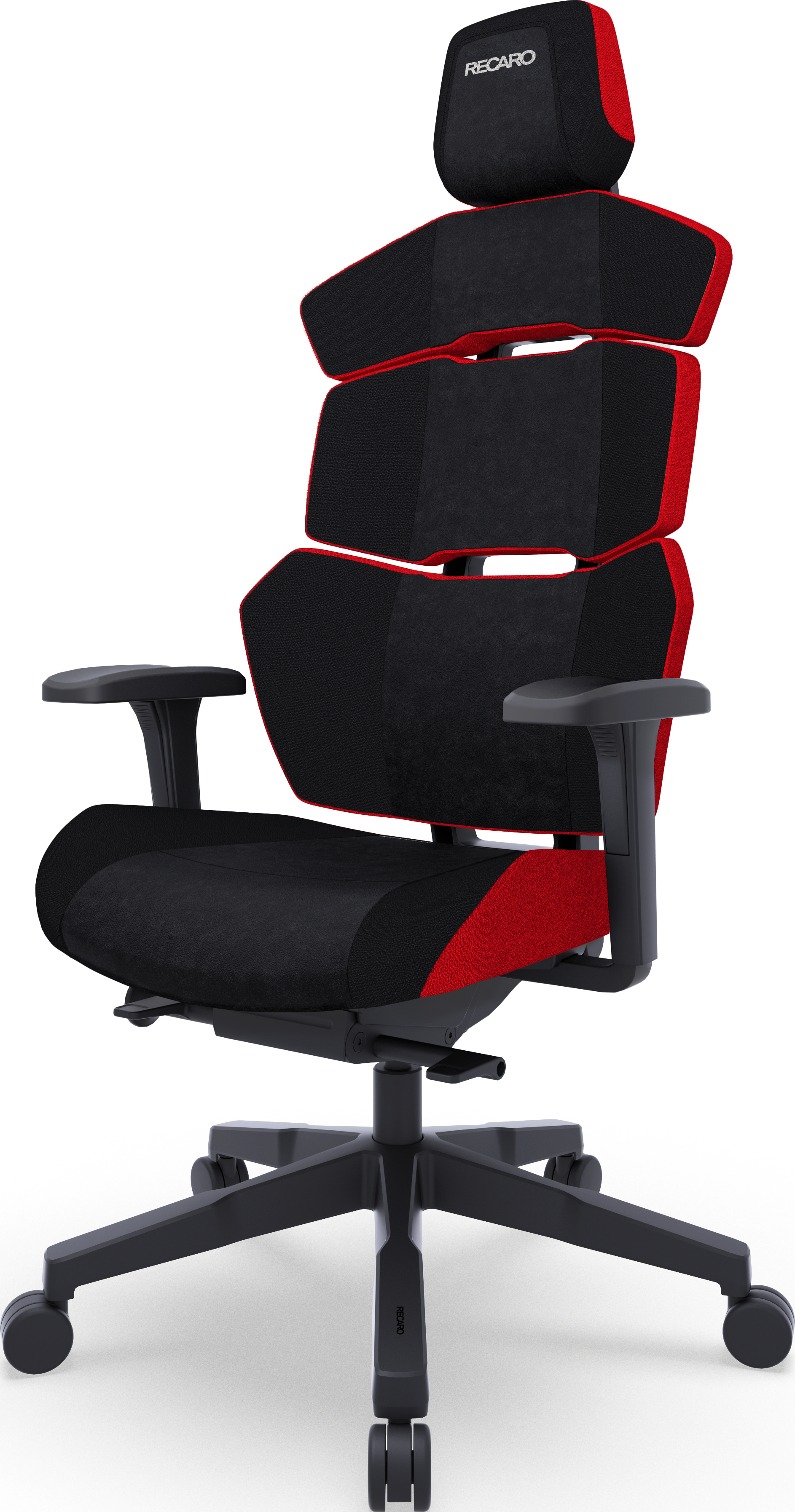 Sedia da gaming Recaro, nera e rossa con poggiatesta e ruote su sfondo bianco.