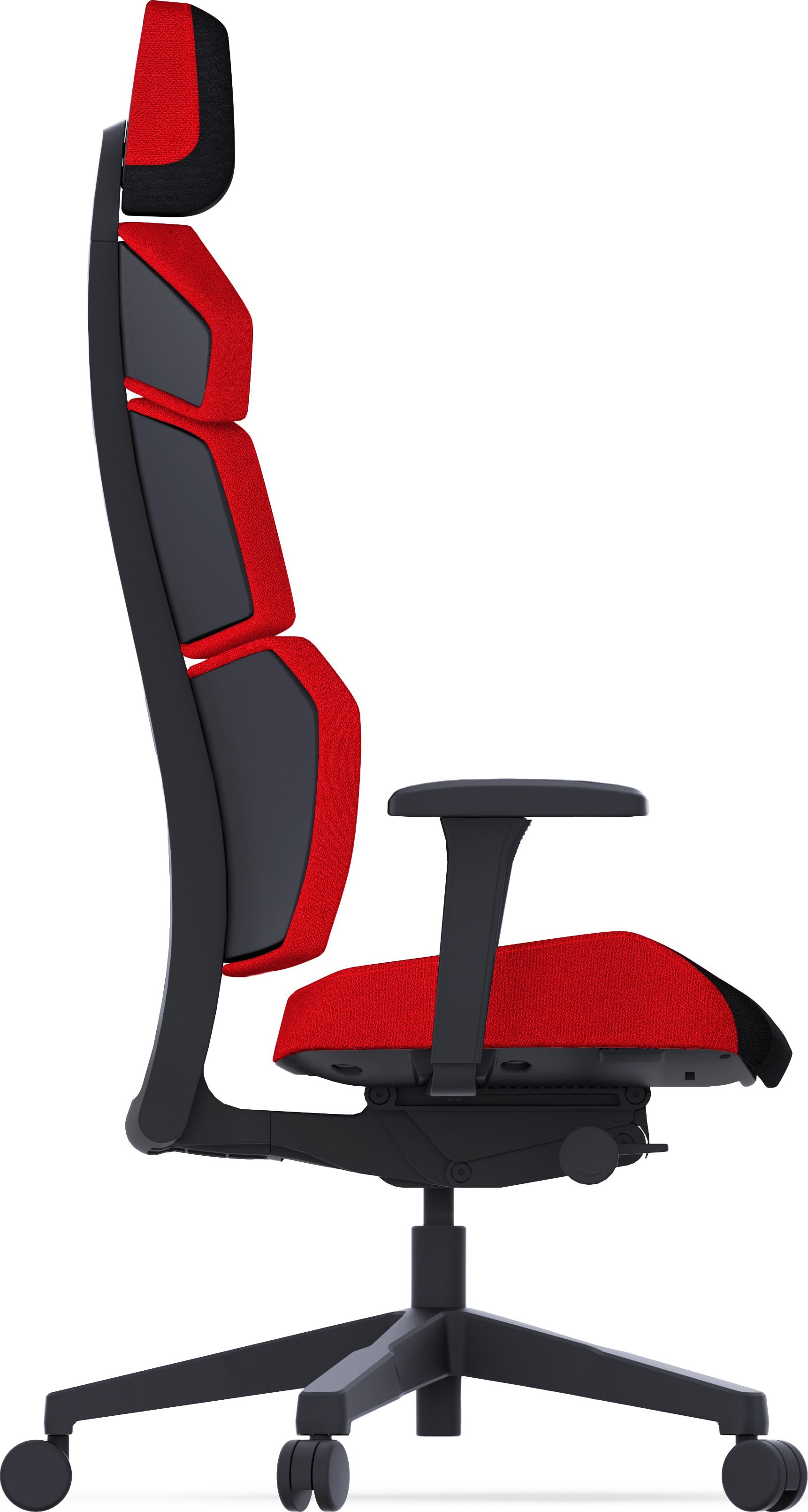 Sedia ergonomica da ufficio con tessuto rosso sullo schienale e seduta, struttura e ruote nere.