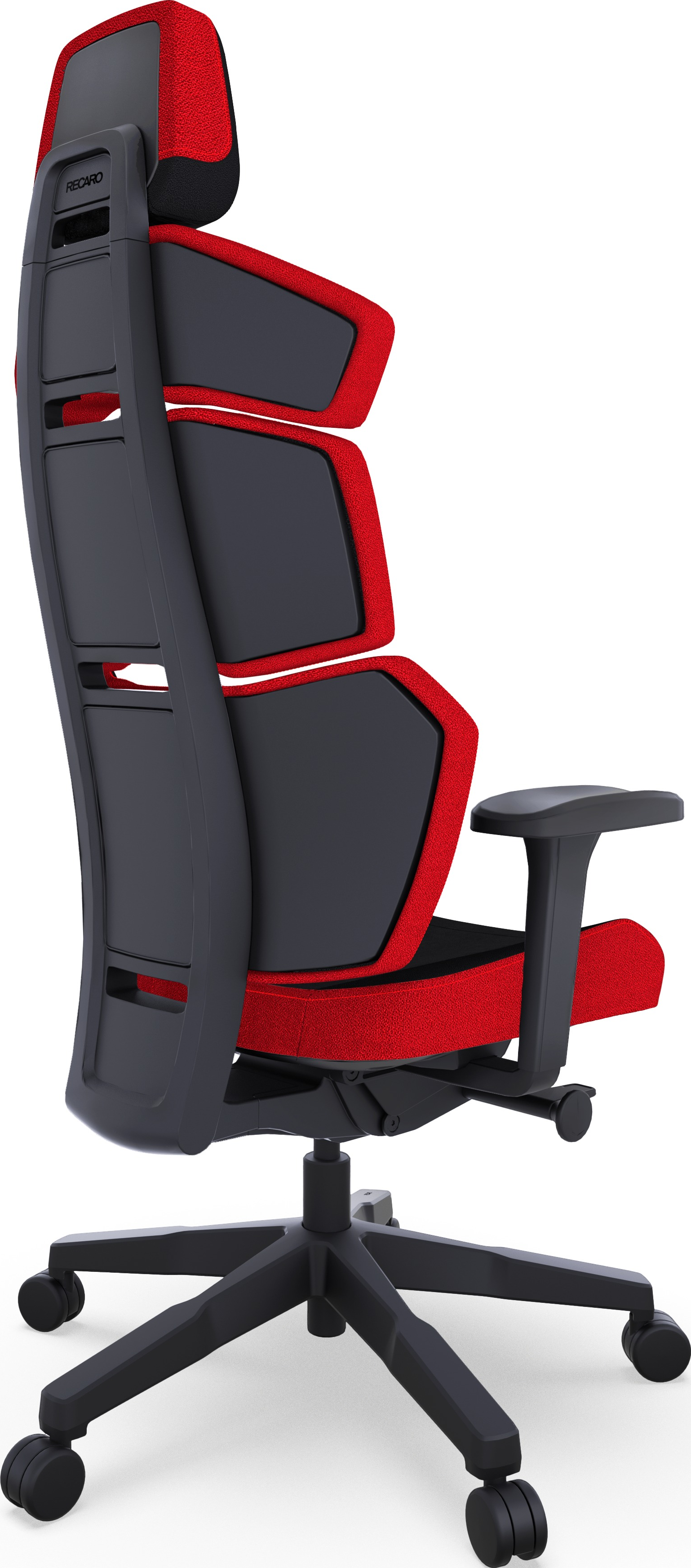 Sedia da gaming con dettagli rossi e neri, schienale alto. Vista laterale.