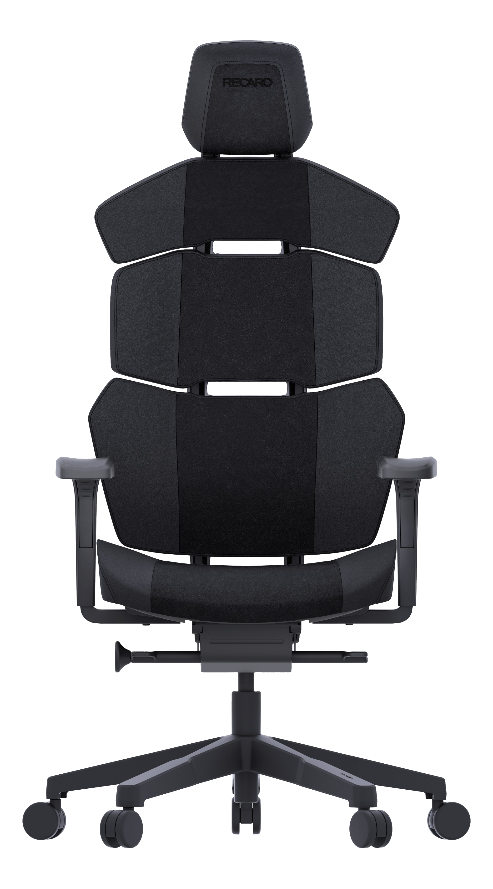 Sedia da gaming Recaro nera e grigia. Ha poggiatesta e braccioli, su una base nera.