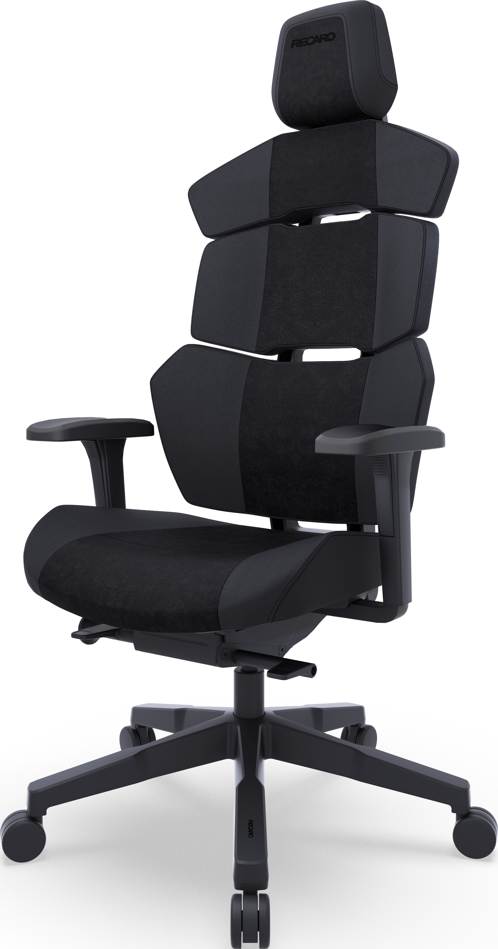 Sedia da gaming Recaro nera e grigia, design ergonomico.