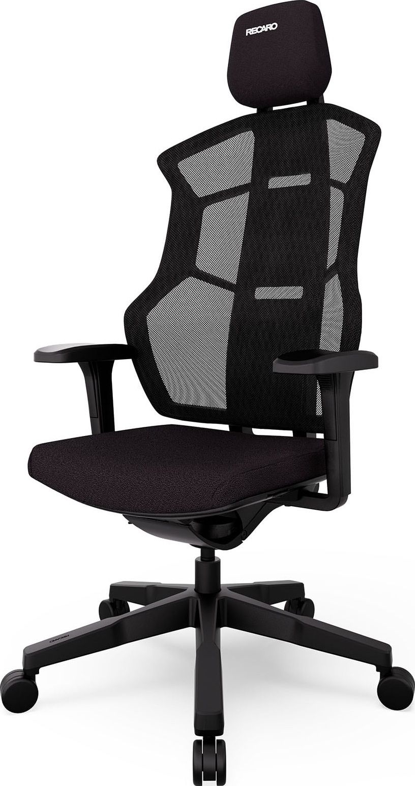 Sedia da ufficio ergonomica in rete nera e grigia.