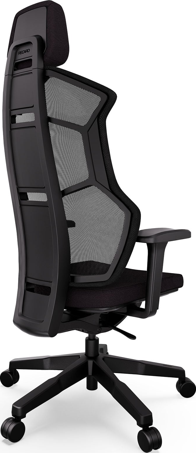 Sedia da ufficio ergonomica nera con schienale in rete e poggiatesta.