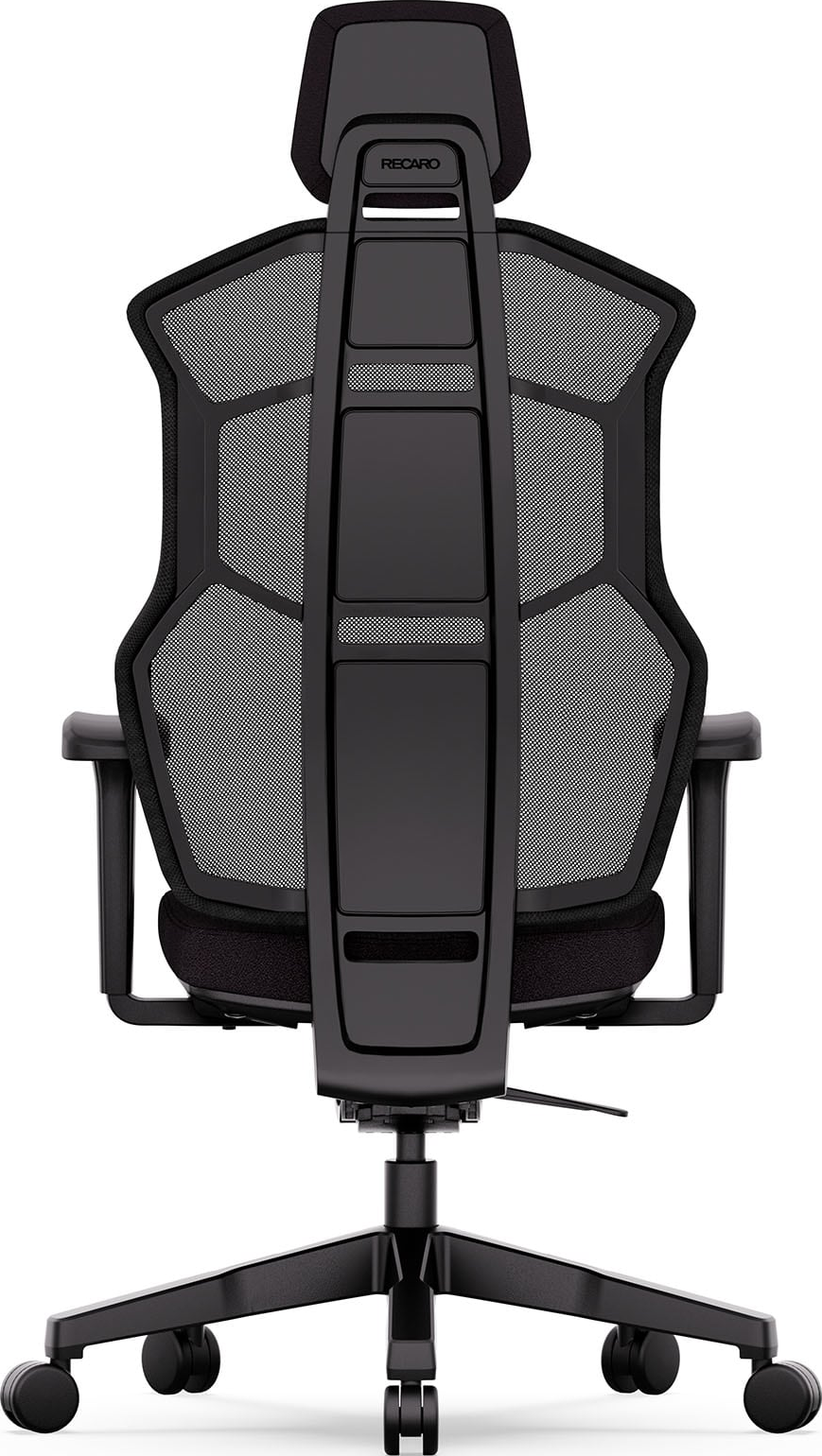 Sedia da ufficio ergonomica nera. Lo schienale è in rete, la seduta è nera e imbottita.