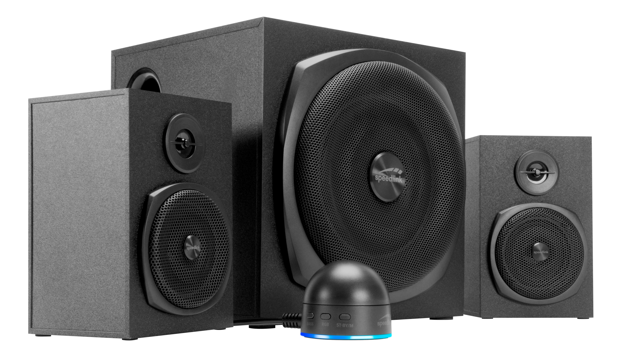 Drei schwarze Speedlink-Lautsprecher und ein Bedienfeld mit blauem Licht.