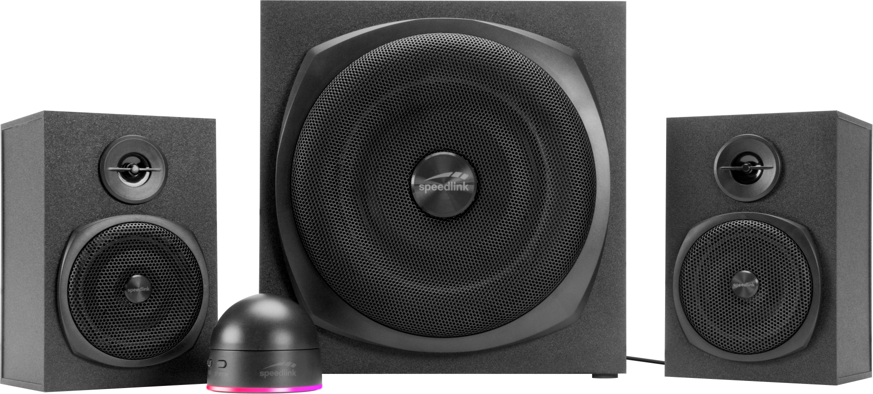 Schwarzes Lautsprecherset: Subwoofer und zwei kleinere Lautsprecher. Eine Fernbedienung ist vorne.