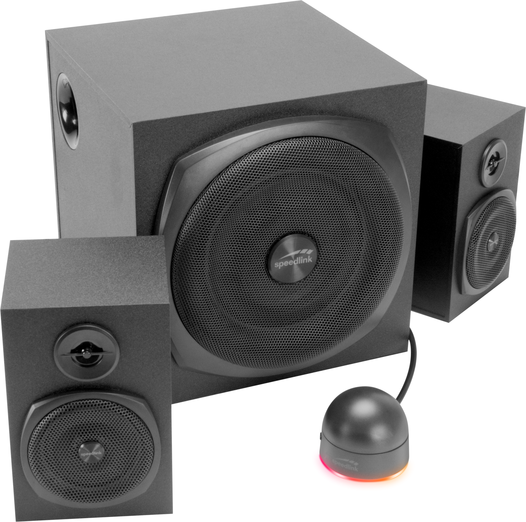 Schwarzes Lautsprechersystem mit Subwoofer und zwei Satelliten, und einer Fernbedienung.