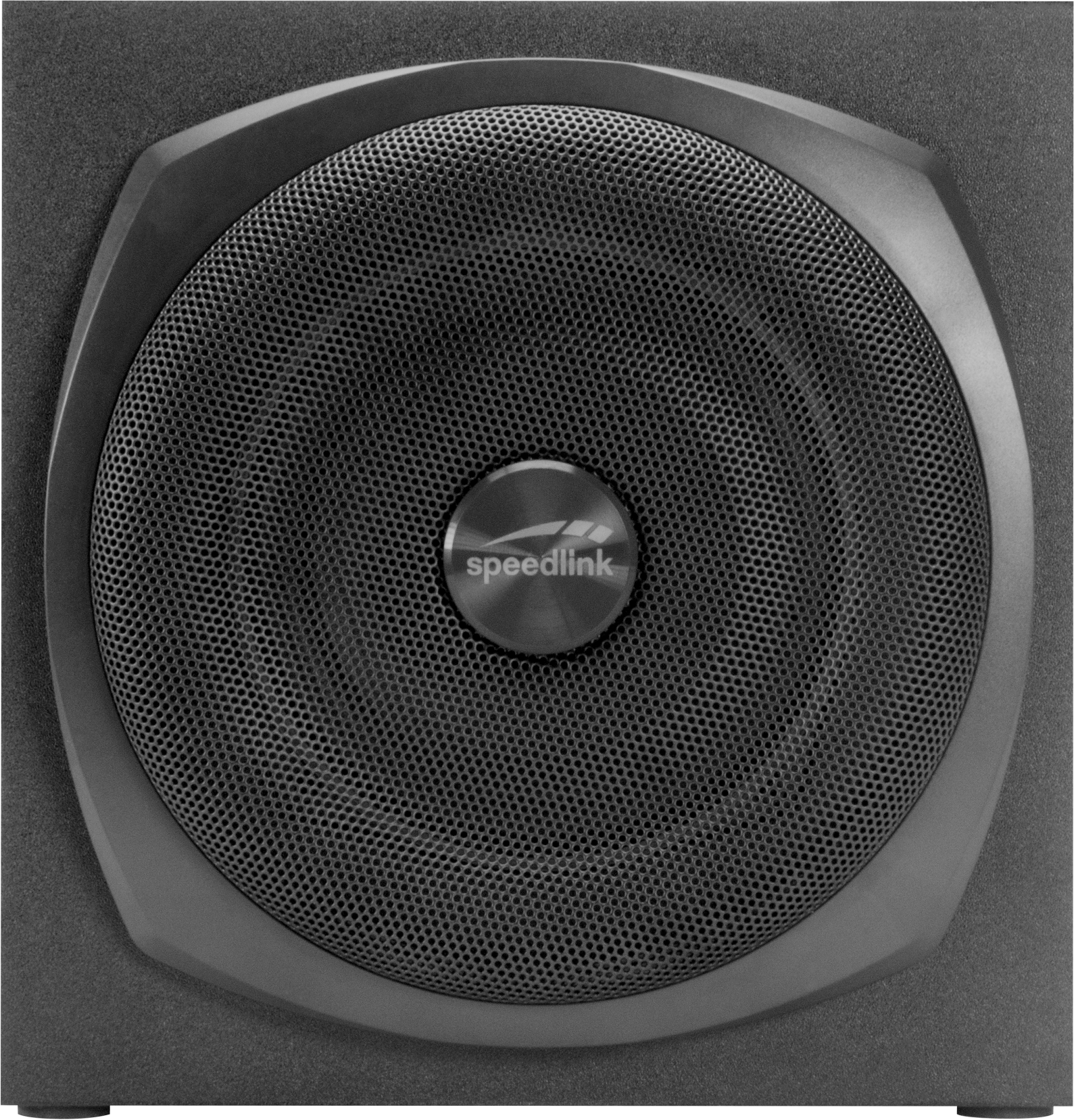 Ein schwarzer Subwoofer-Lautsprecher mit einem Gitter.