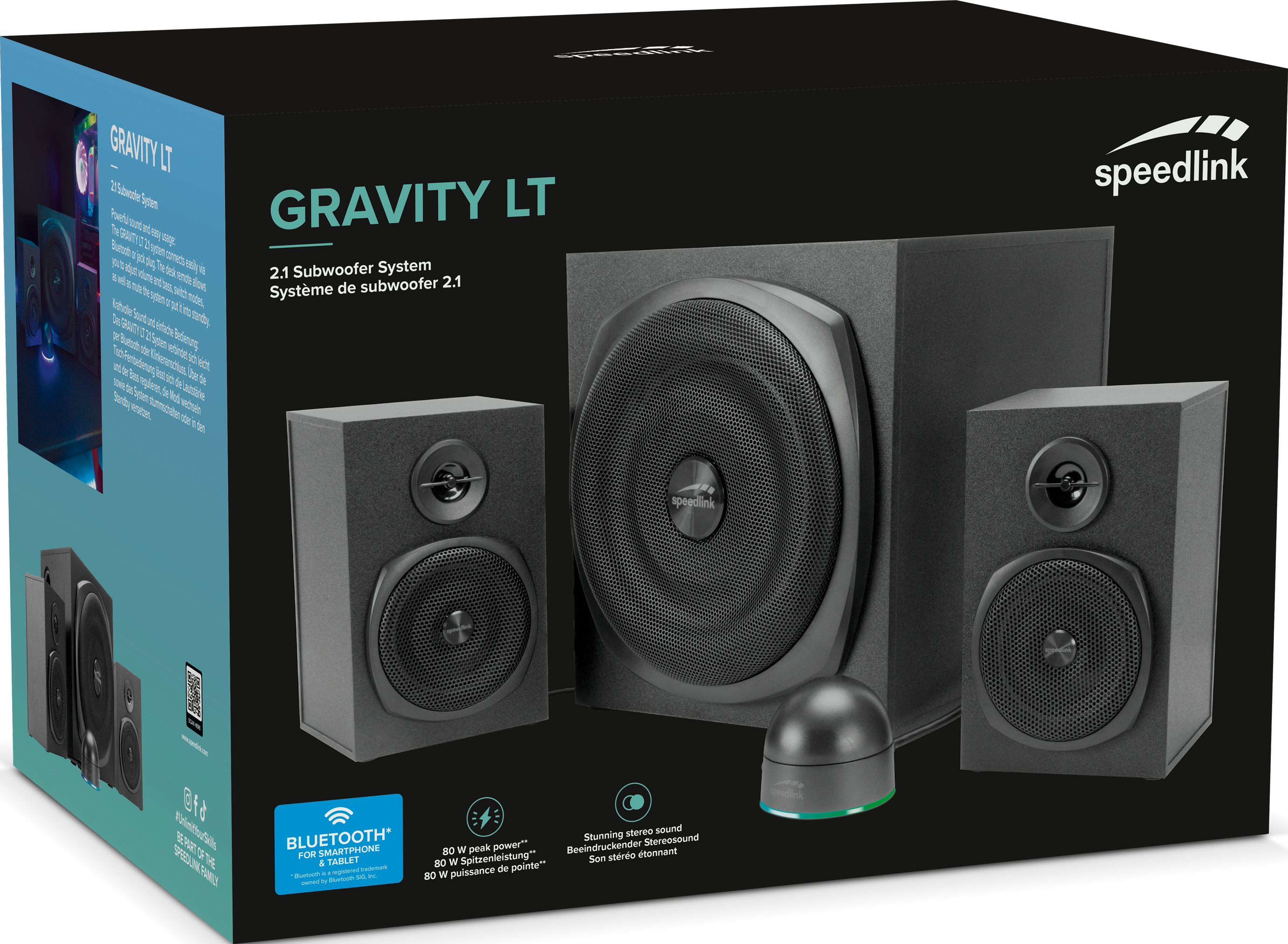 Ein schwarzes 2.1 Subwoofer-System mit zwei Satellitenlautsprechern und einer Fernbedienung.