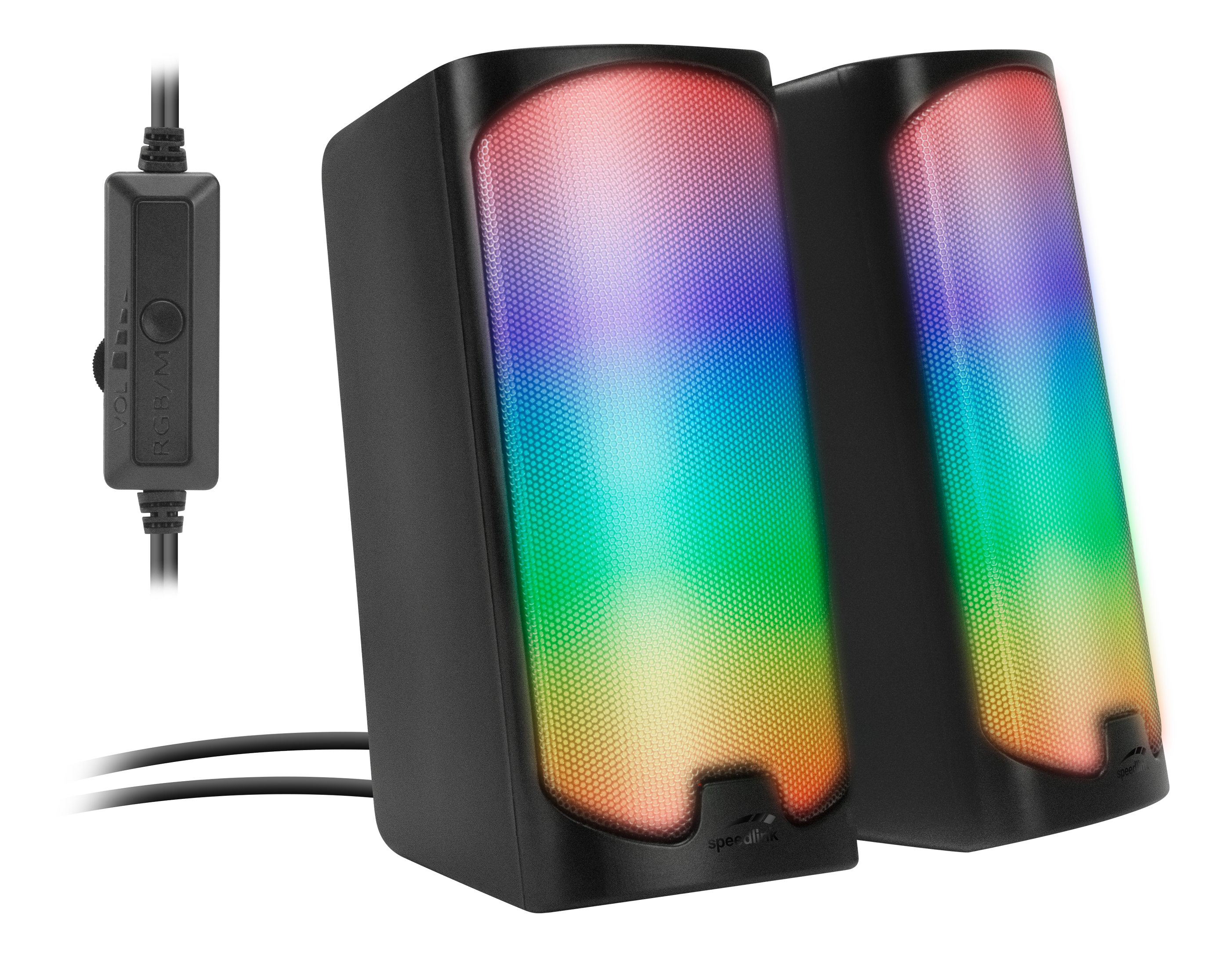 Ein Paar schwarze Lautsprecher mit bunten LED-Lichtern. Die Lichter sind regenbogenfarben. Ein Lautstärkeregler ist links.