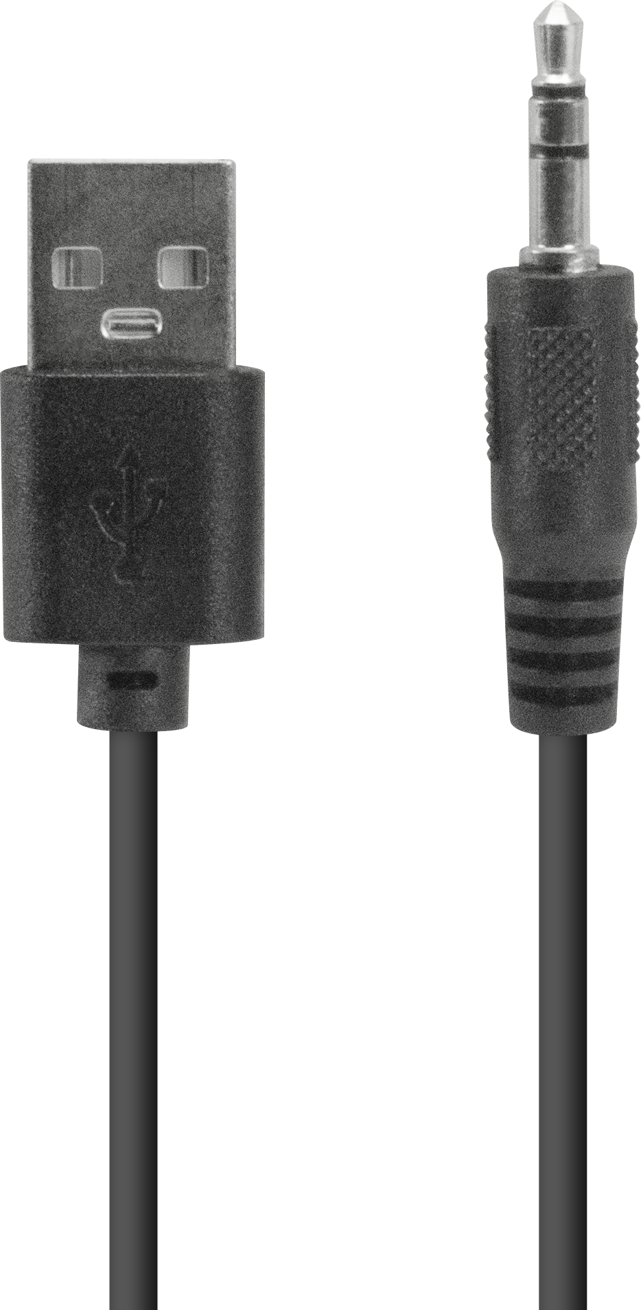 Ein schwarzes USB-zu-3,5-mm-Audiokabel, mit schwarzem Hintergrund.