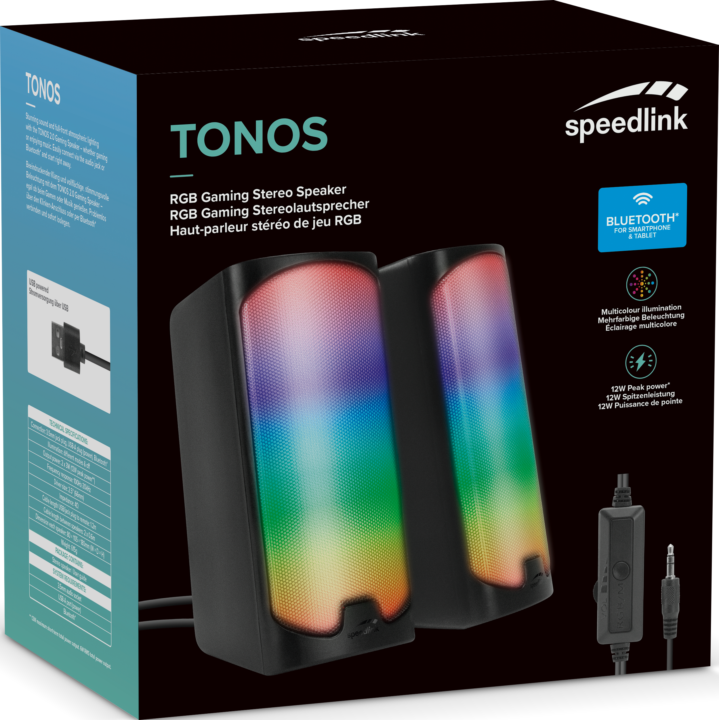 Zwei RGB-Gaming-Lautsprecher in einer Box, mit Text und dem Speedlink-Logo.