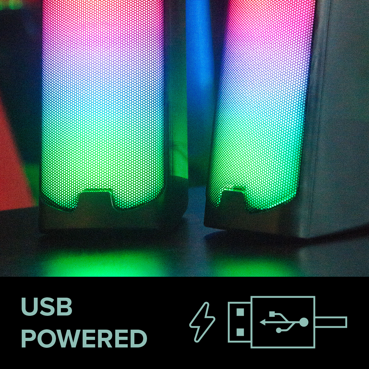 Zwei RGB-Lautsprecher mit USB-Stromversorgung und Symbol.