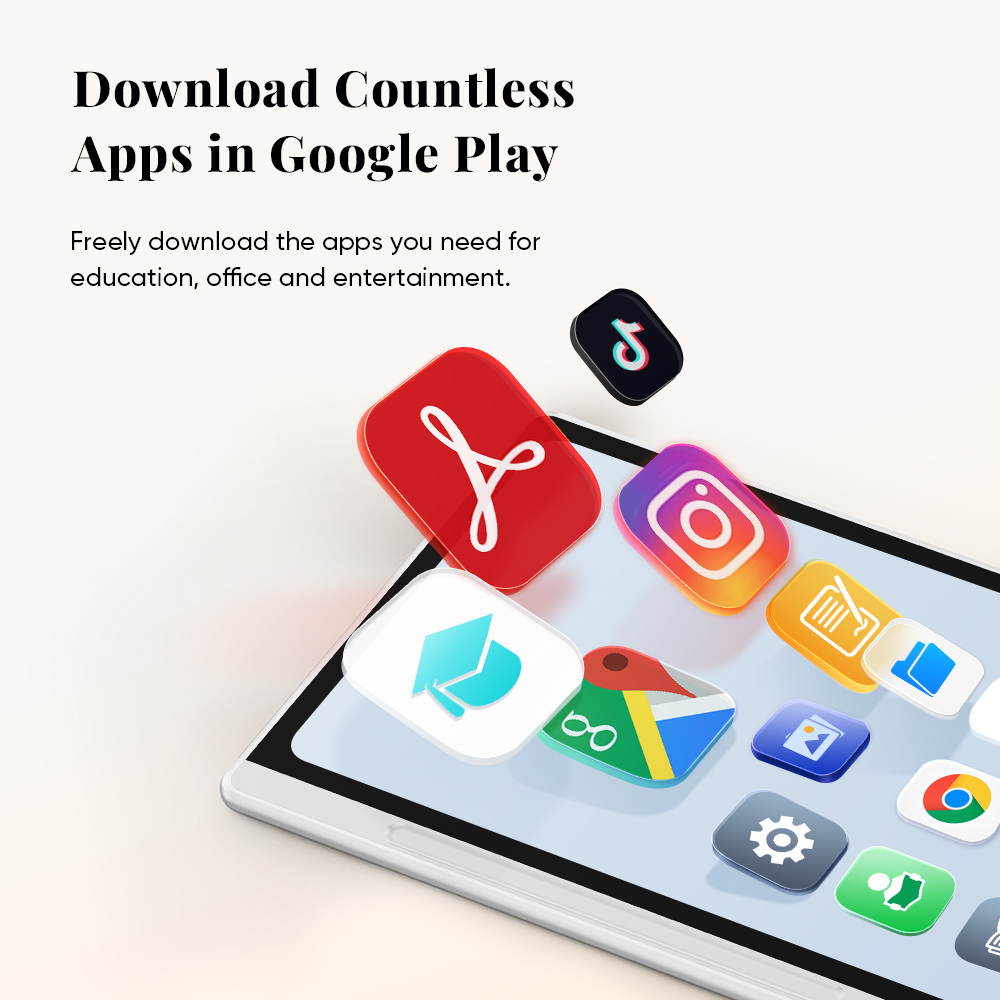 Tablet con varie icone di app. Il testo in alto dice, Scarica innumerevoli app su Google Play.