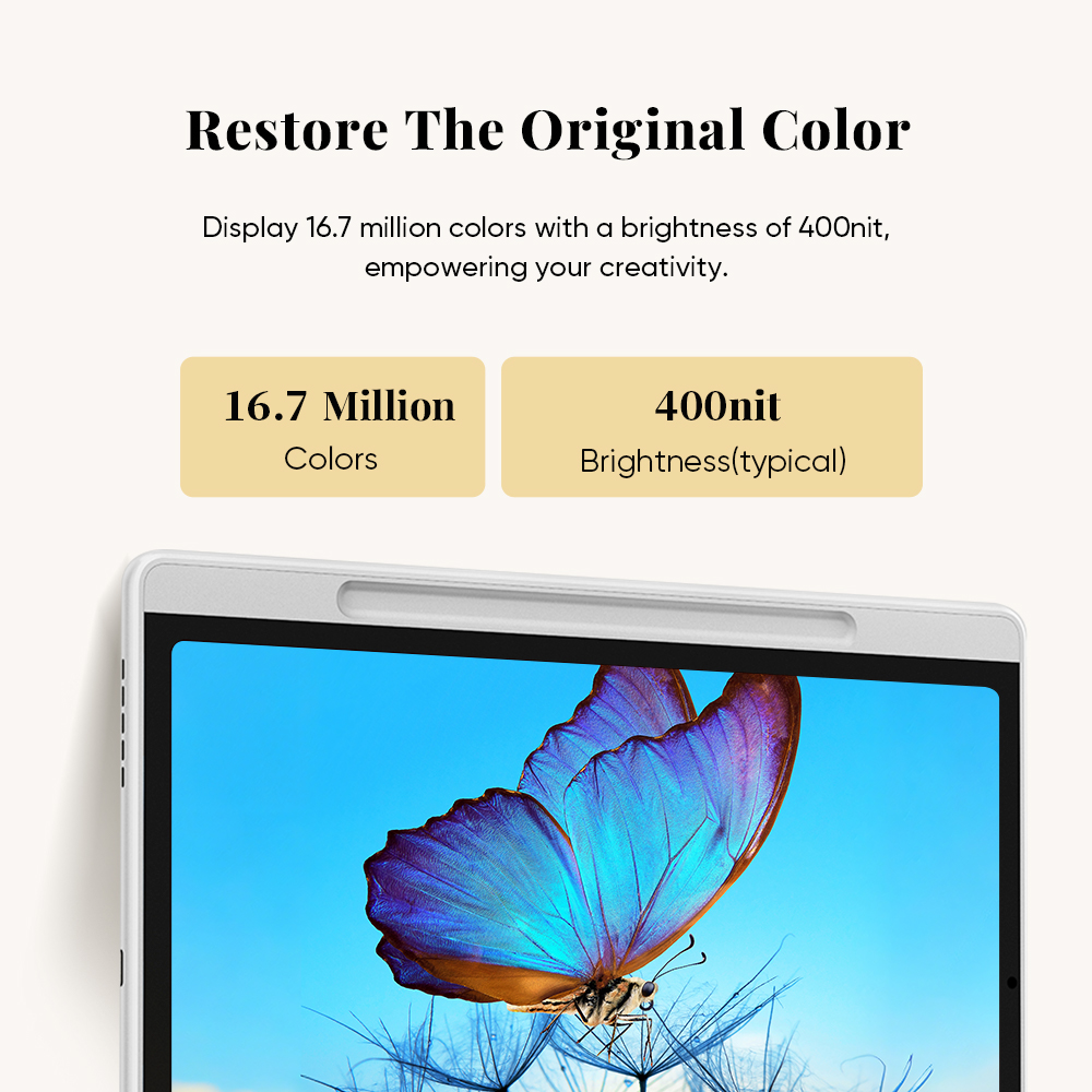 Schermo del tablet con farfalla blu, testo: 16,7 milioni di colori, 400 nit.