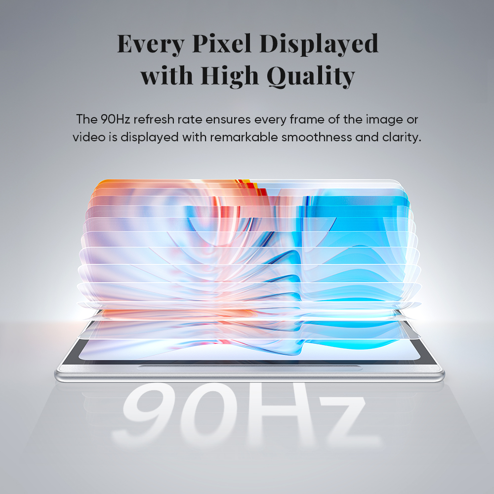 Un primo piano dello schermo di un tablet con grafica blu e arancione e un overlay di testo a 90Hz.