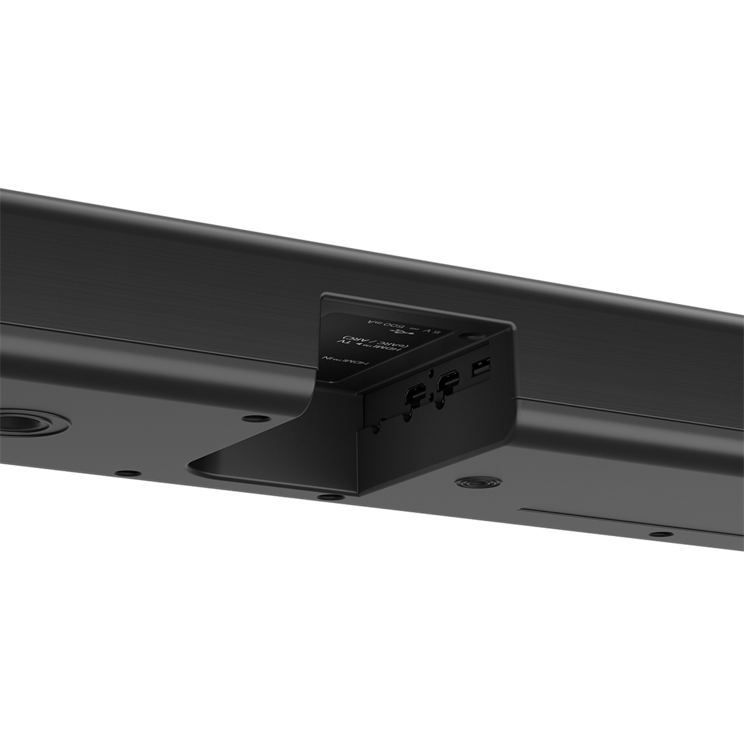 Black soundbar detail. Features ports, connectors, and a bracket. Bottom side with holes and a smooth, black surface.
