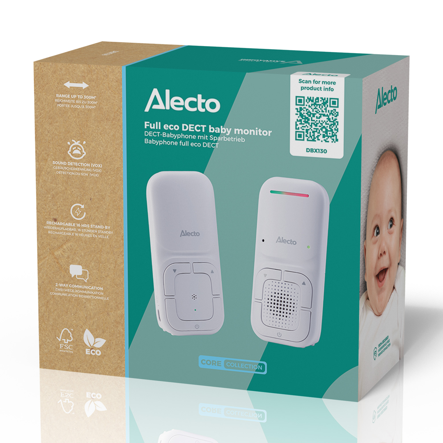 Een babyfoonbox met twee monitoren en een babyfoto. De doos is groen en bruin.