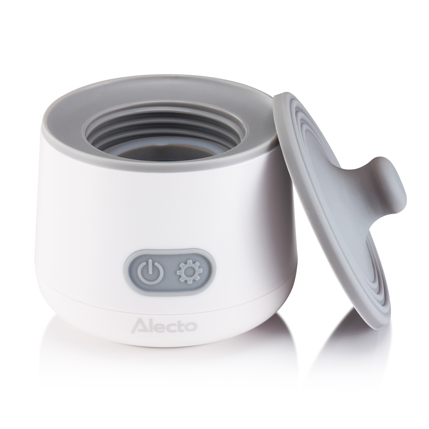 White and gray baby bottle warmer. Lid is open. Power and settings buttons are visible.