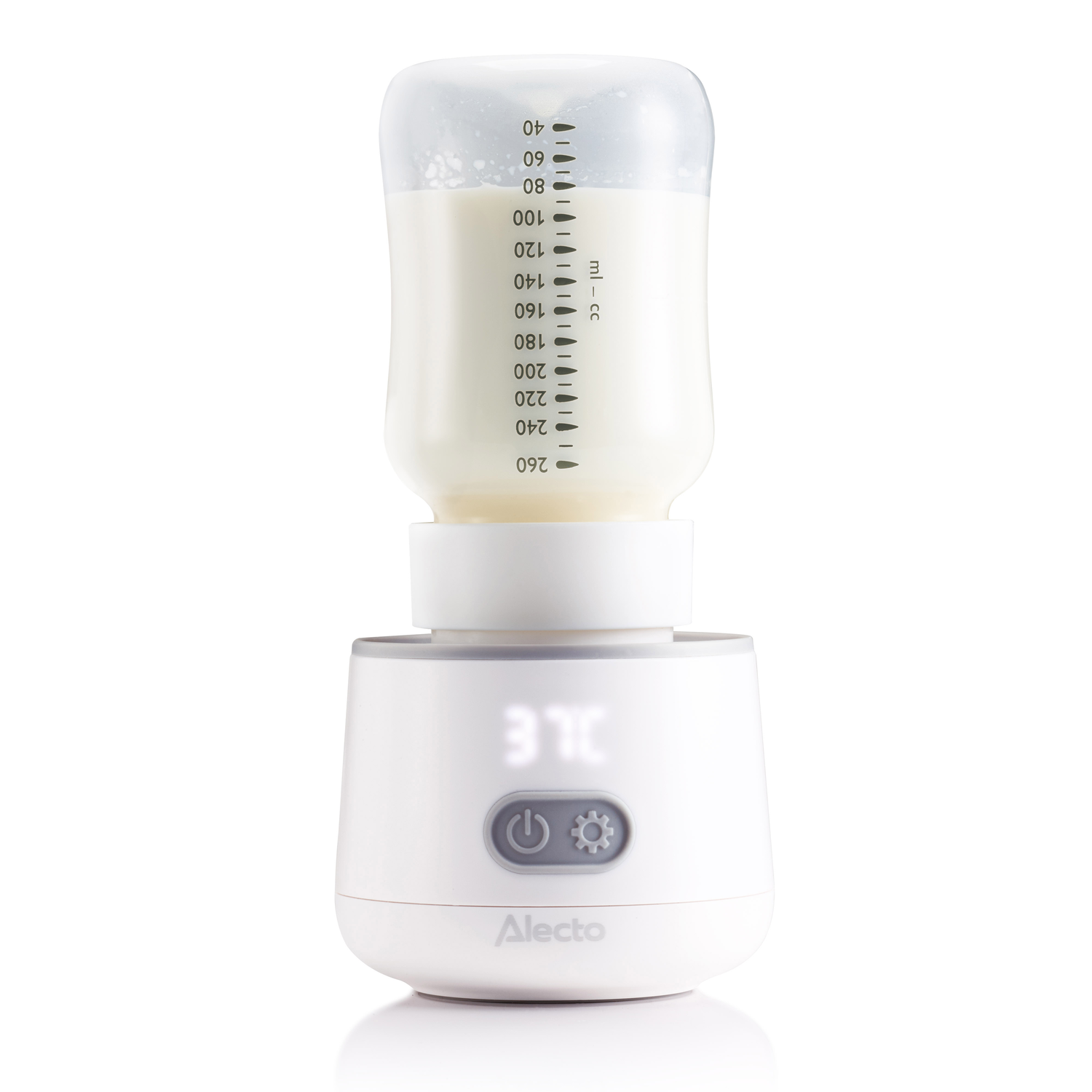Baby bottle warmer with a bottle inside. It is white, with a digital display.