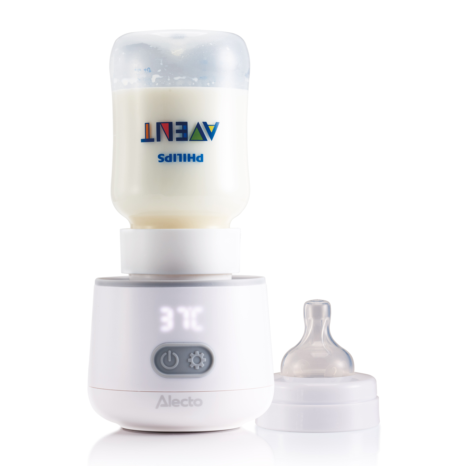 A white baby bottle warmer with a bottle, filled with milk, and a nipple on the side.