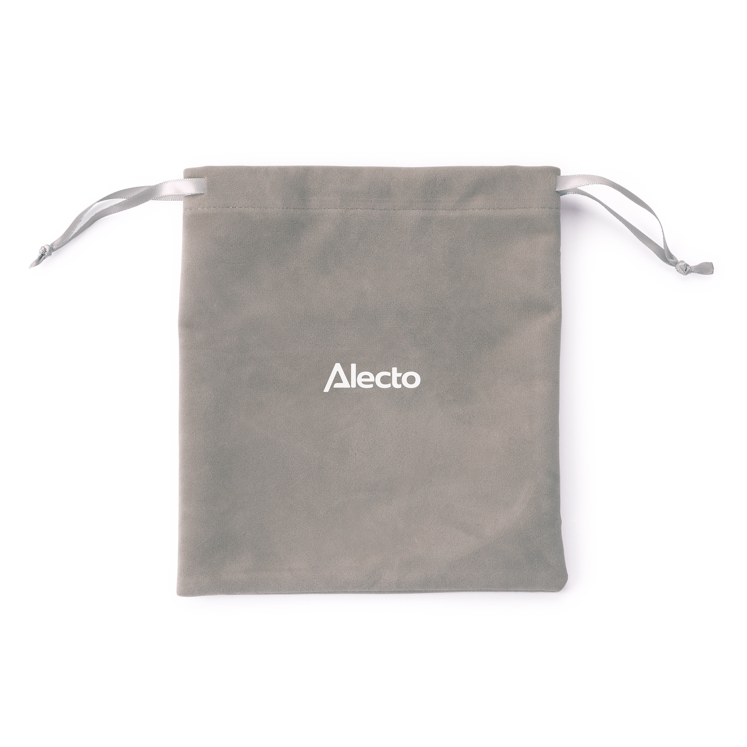A gray velvet pouch with drawstrings. The word 'Alecto' is printed in white in the center.