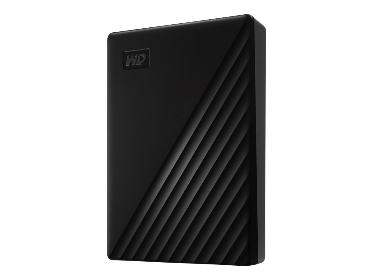 Schwarze, quadratische WD My Passport externe Festplatte auf weißem Hintergrund.