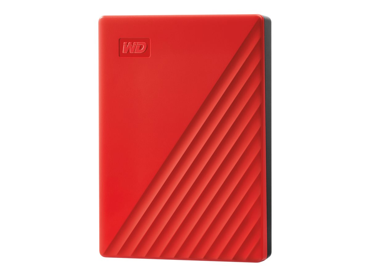 Eine rote externe Festplatte mit schwarzer Seite. Das WD-Logo befindet sich oben links.