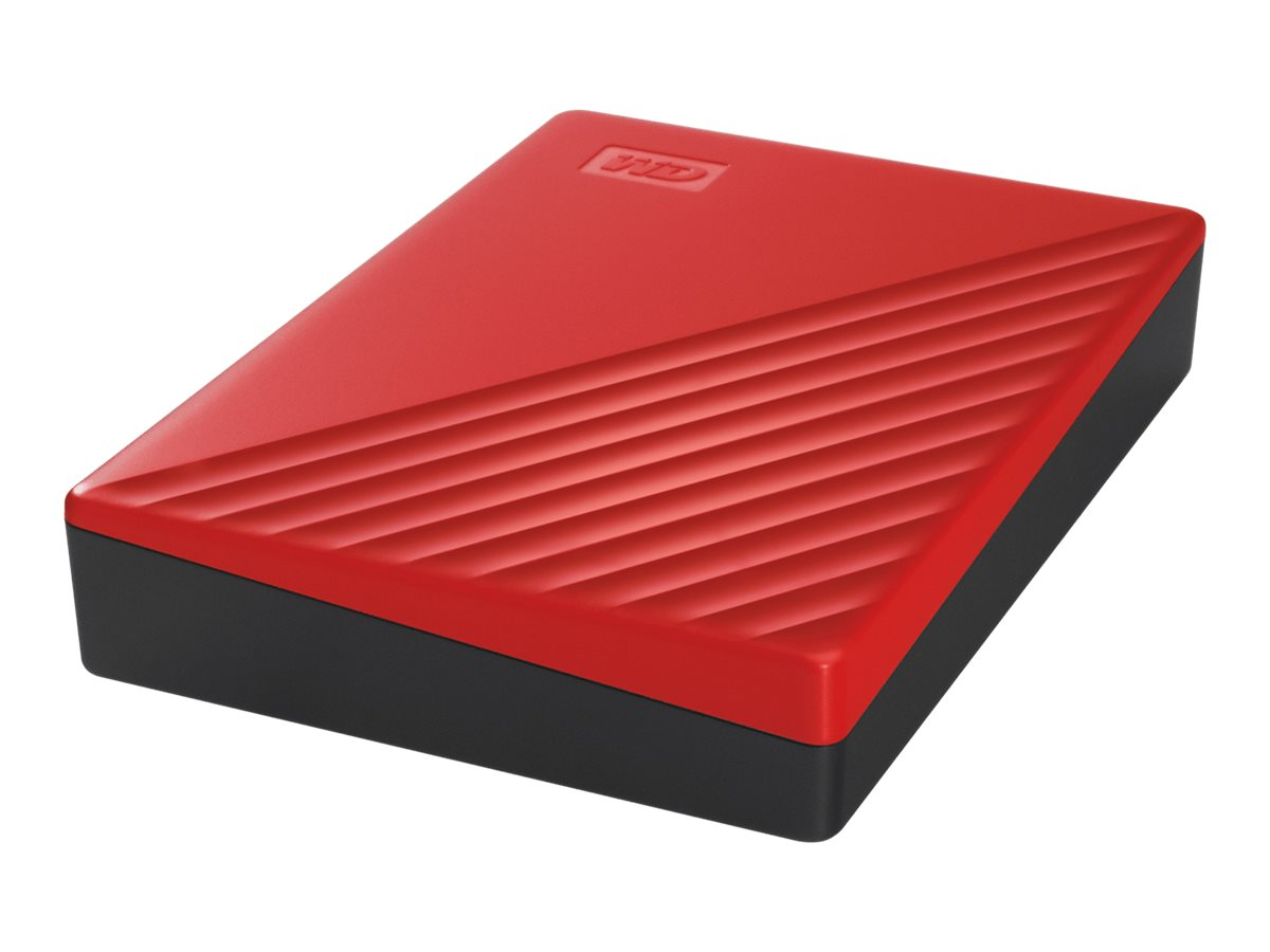 Rote und schwarze externe Festplatte. Die Oberseite ist rot mit diagonalen Rillen. WD-Logo.