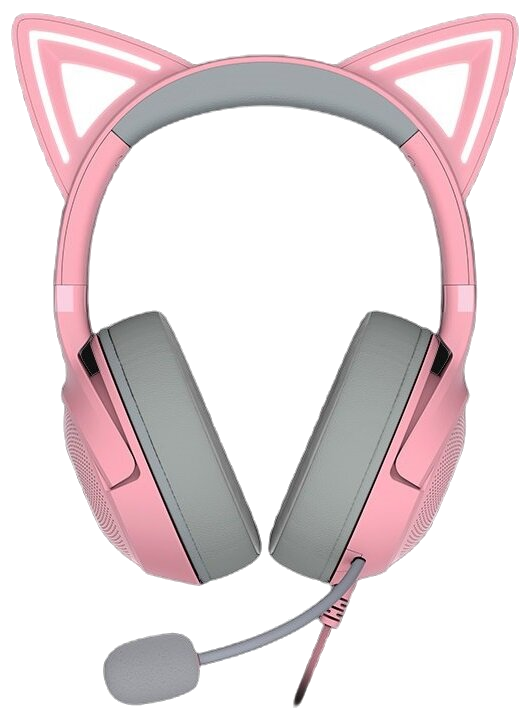 Różowe słuchawki z kocimi uszami i mikrofonem, na czarnym tle. Szare nauszniki.