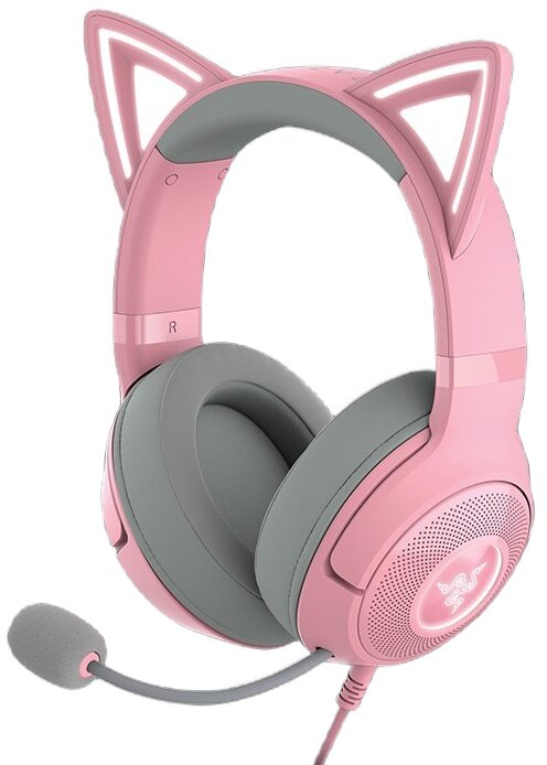 Różowe słuchawki gamingowe Razer z kocimi uszami i mikrofonem. Szare nauszniki i pałąk.