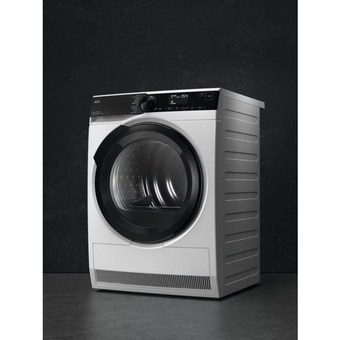 Weiße AEG Waschmaschine, Bedienelemente oben. Grauer Hintergrund.