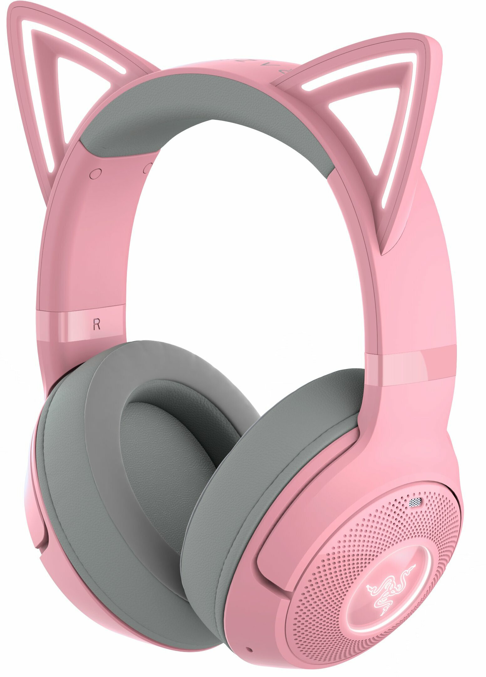 Różowe słuchawki z kocimi uszami. Szare nauszniki i pałąk. Białe tło.