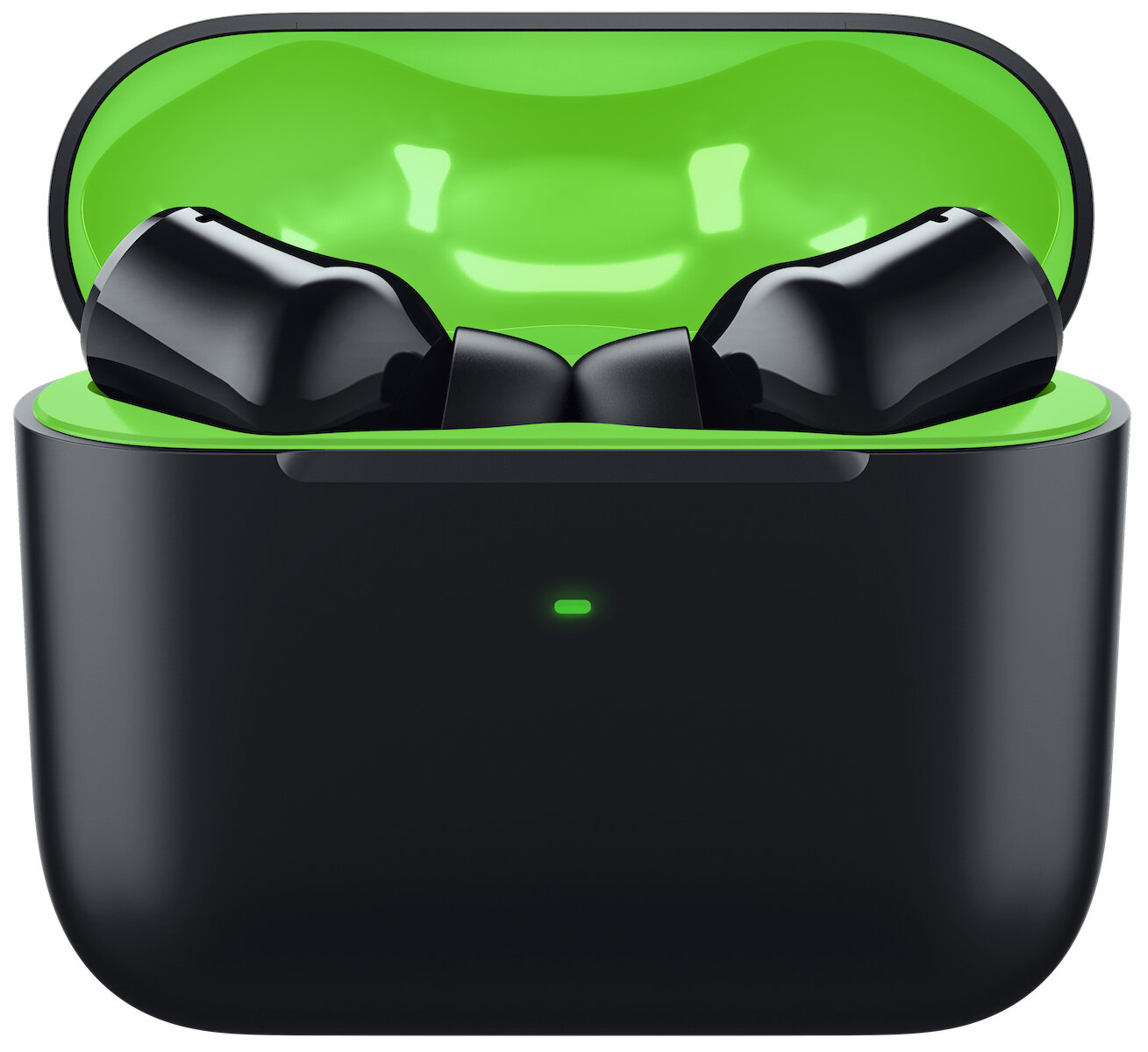 Czarne słuchawki w etui ładującym. Zielone wnętrze. Widoczne zielone światło.