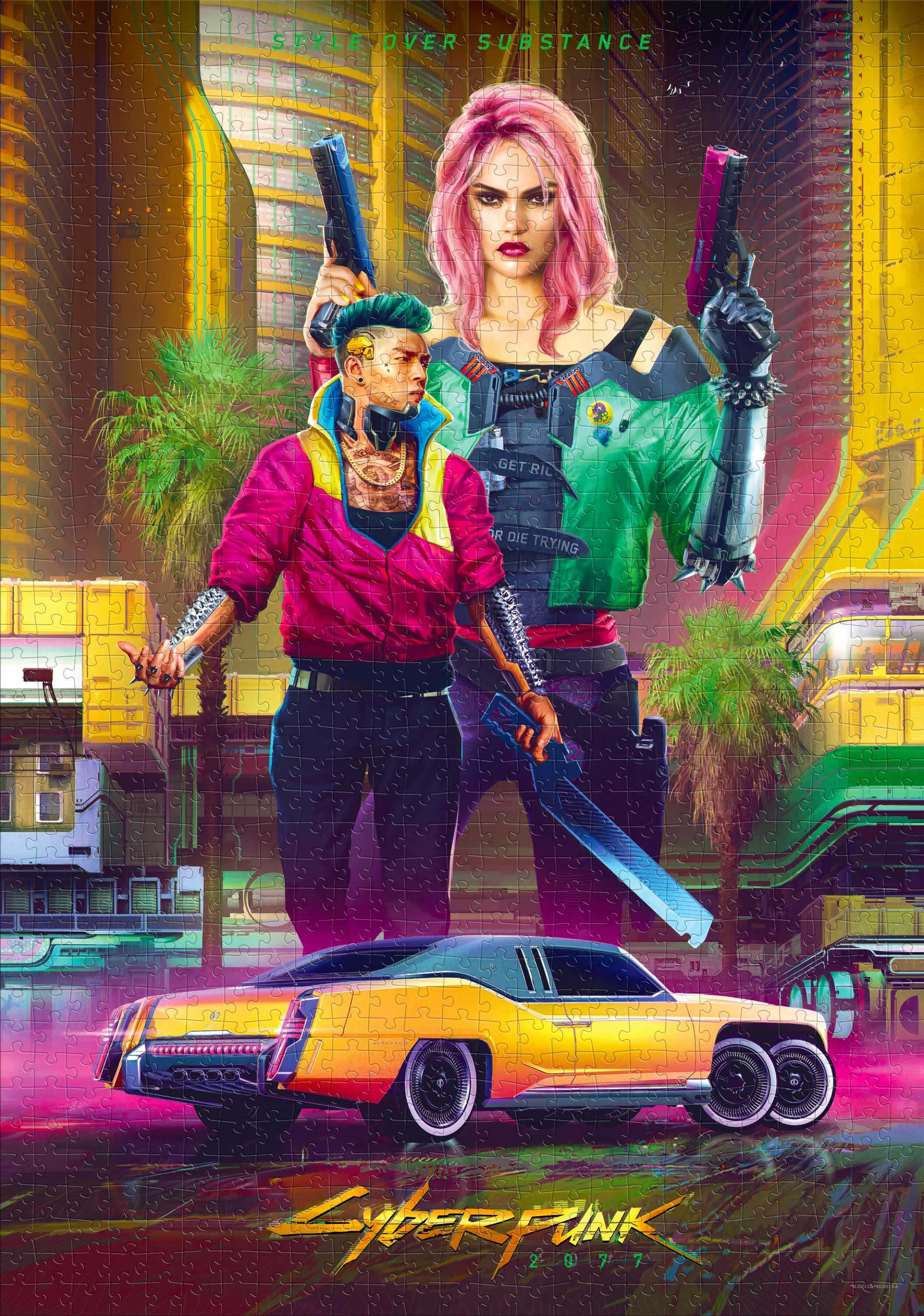 Cyberpunk 2077 kirakós játék két fegyvert tartó figurával, elöl autóval.