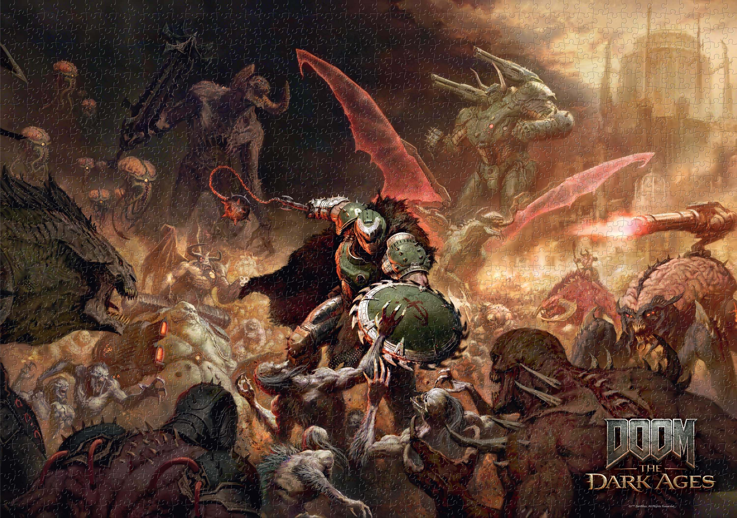 Doom játék jelenet. Egy harcos démonokkal küzd káoszban és tűzben, egy pokoli tájon.