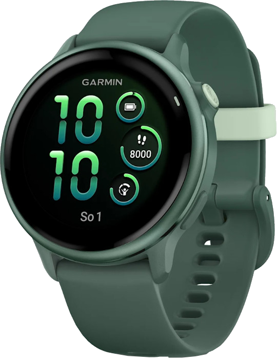 Zielony smartwatch Garmin wyświetlający czas, kroki i statystyki. Zielony pasek. Czarny ekran.