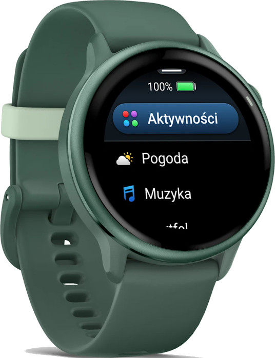 Zielony smartwatch Garmin wyświetlający aktywności, pogodę i muzykę na ekranie. Zielony pasek.