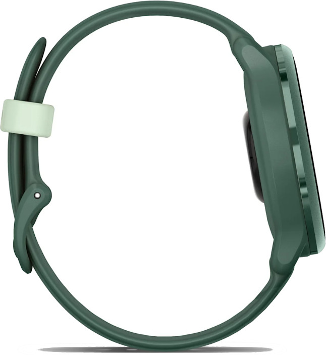 Widok z boku zielonego smartwatcha z zielonym paskiem i jasnozielonym zapięciem.