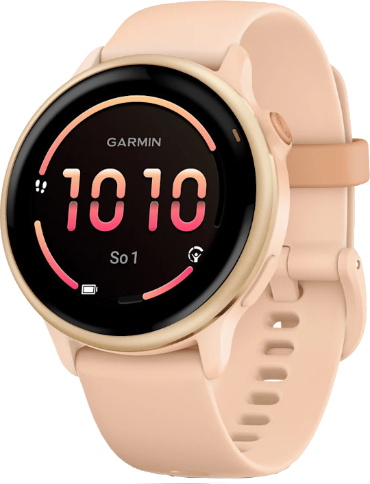 Bransoletka smartwatch w kolorze brzoskwiniowym z czarnym ekranem wyświetlającym cyfry i ikony oraz brzoskwiniowym paskiem.