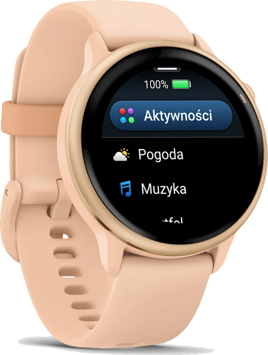 Zegarek smartwatch w kolorze brzoskwiniowym wyświetla menu z ikonami aktywności, pogody i muzyki.