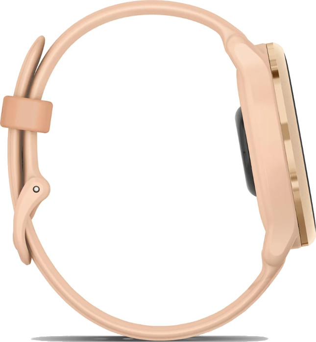 Widok z boku brzoskwiniowego smartwatcha z czarnym ekranem i brzoskwiniowym paskiem.