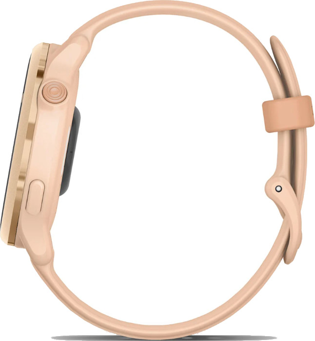 Widok z boku brzoskwiniowego smartwatcha, pokazujący przycisk i szczegóły paska.