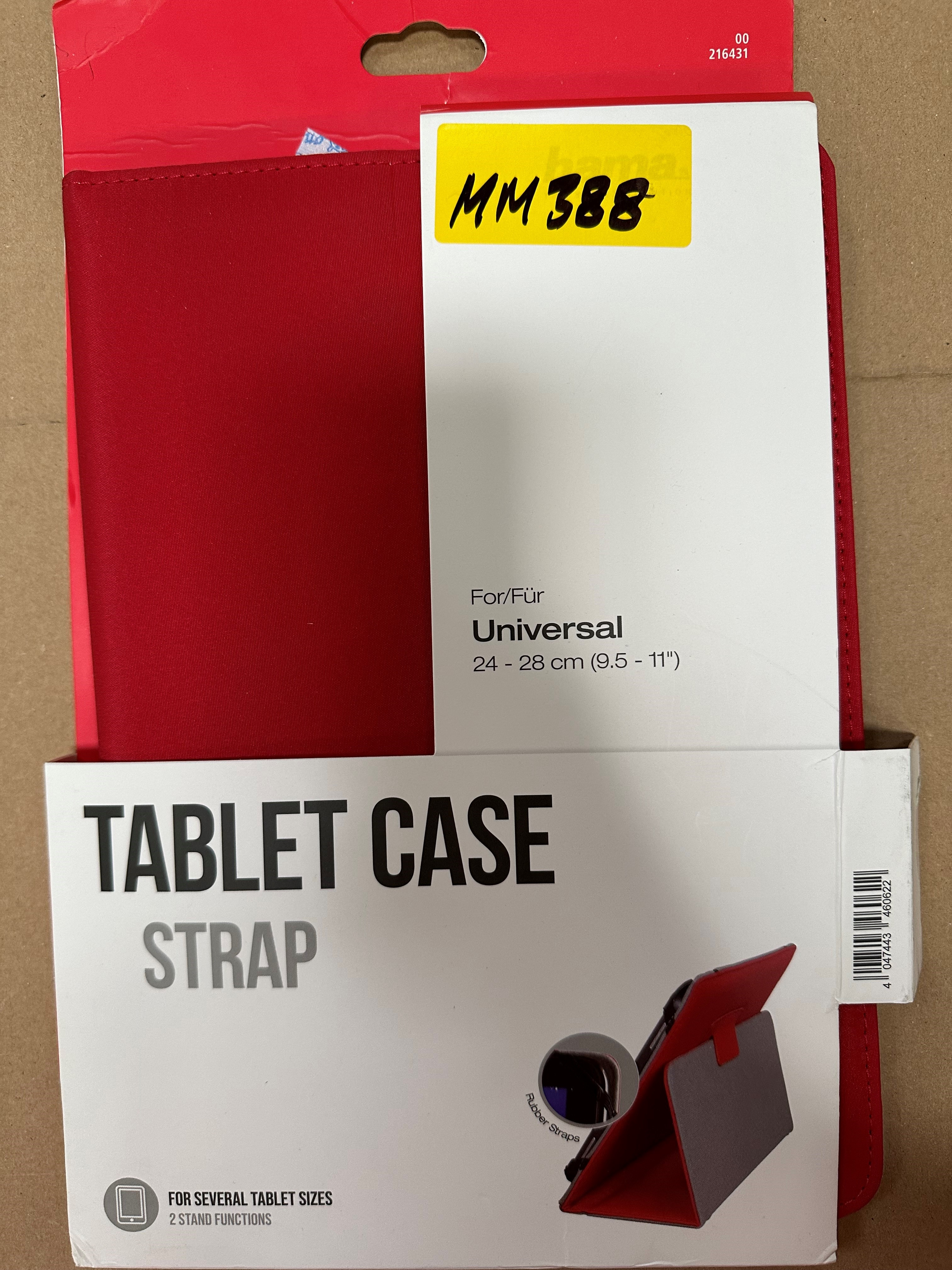 Czerwone etui na tablet z białym tekstem i paskiem.