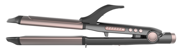 Lokówka w kolorze różowego złota i czerni, otwarta, z czarnym uchwytem i przyciskami.