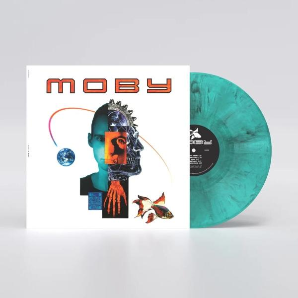 Albumcover für Moby mit einem Männergesicht, einem Schädel, einem Fisch und Planeten.
