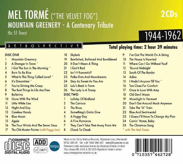 Mel Tormé Albumcover. Liste der Songs und Text über seine Musik und die Zeit.