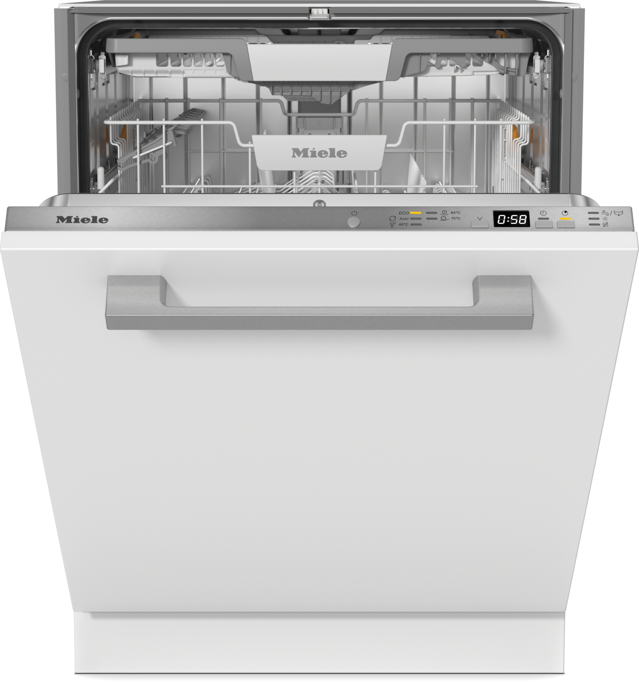 Ein weißer Geschirrspüler mit geöffneter Tür, der Gestelle und das Innere zeigt.