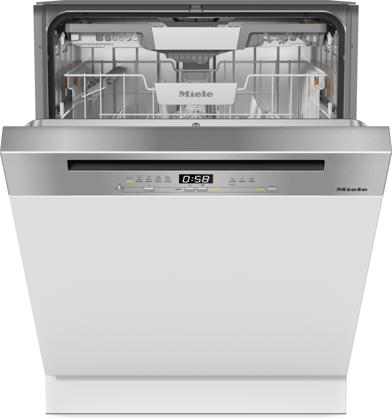 Ein weißer und silberner Miele-Geschirrspüler mit geöffneter Tür, der Racks und Bedienelemente zeigt.